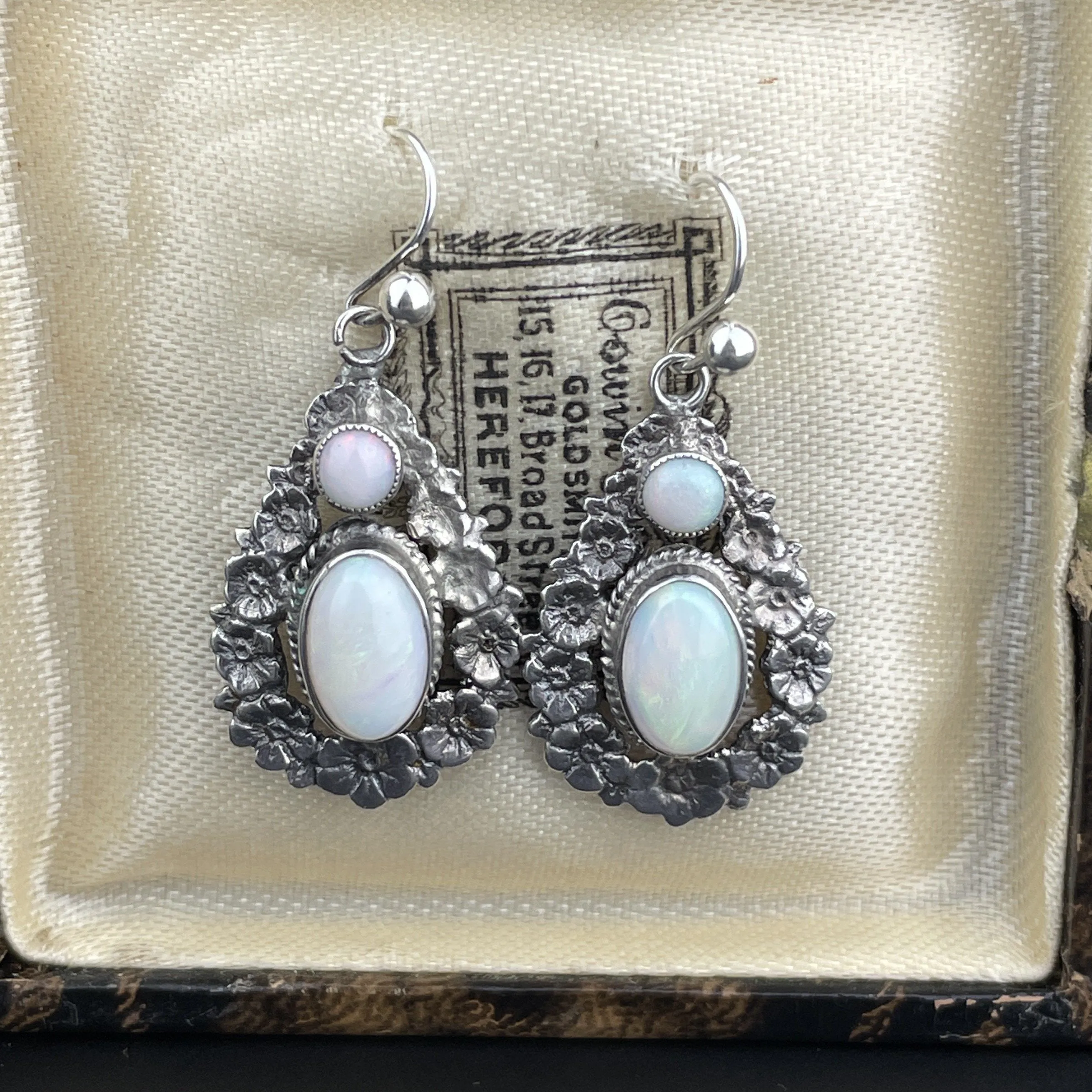 Edwardian Silver Floral Opal Drop Earrings