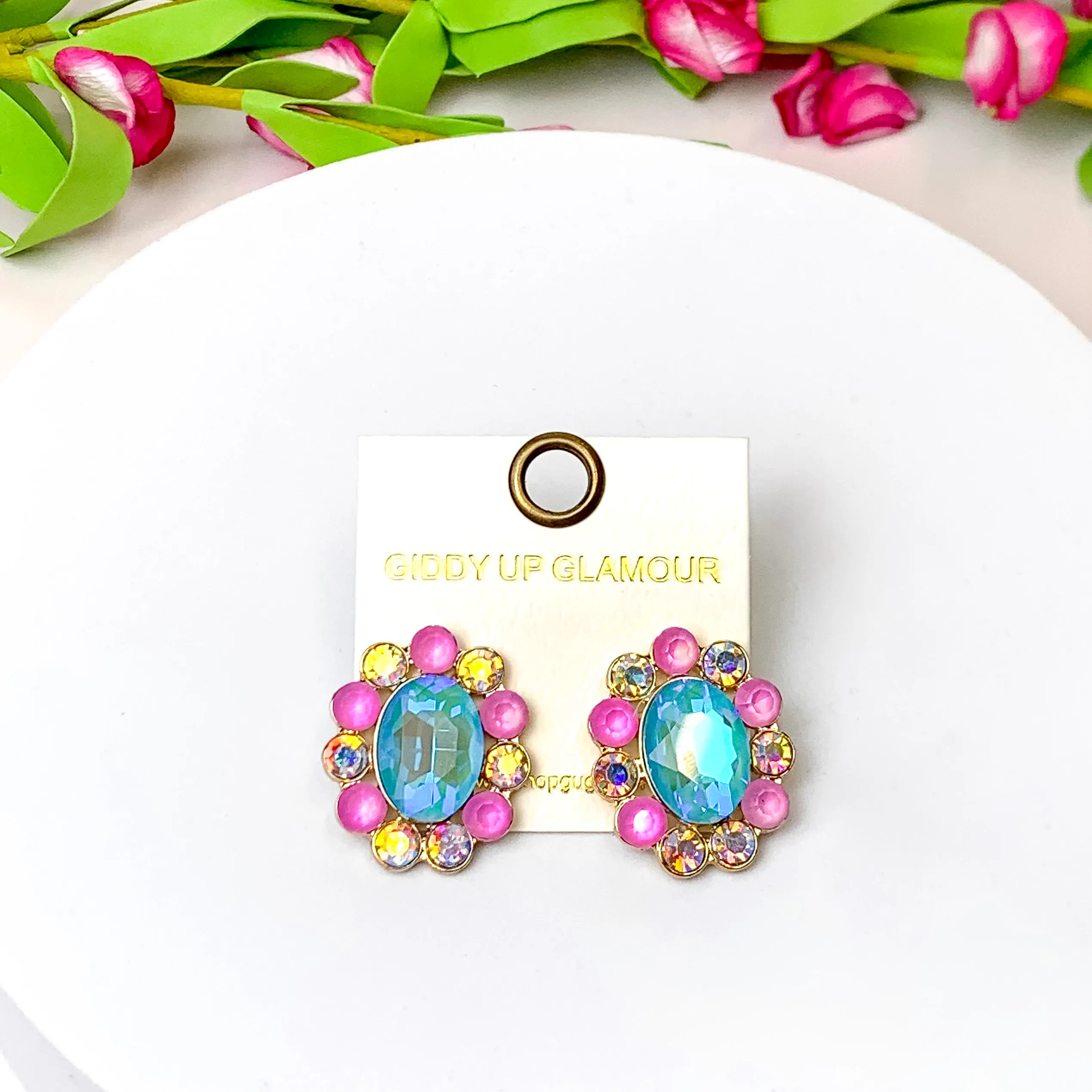 Elegant Echoes Gold Tone Oval Concho Stud Earrings in Turquoise Blue and Pink