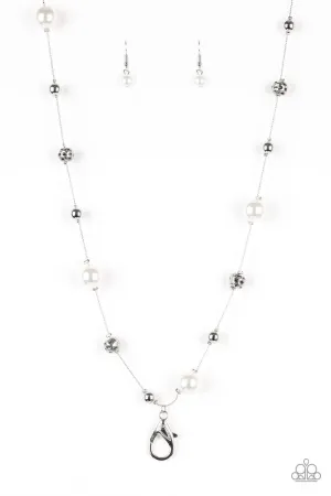 Eloquently Eloquent Silver and White Pearl Lanyard Necklace - Paparazzi Accessories