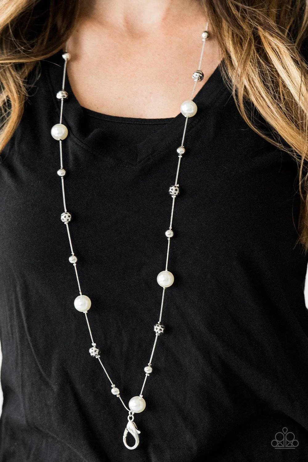 Eloquently Eloquent Silver and White Pearl Lanyard Necklace - Paparazzi Accessories