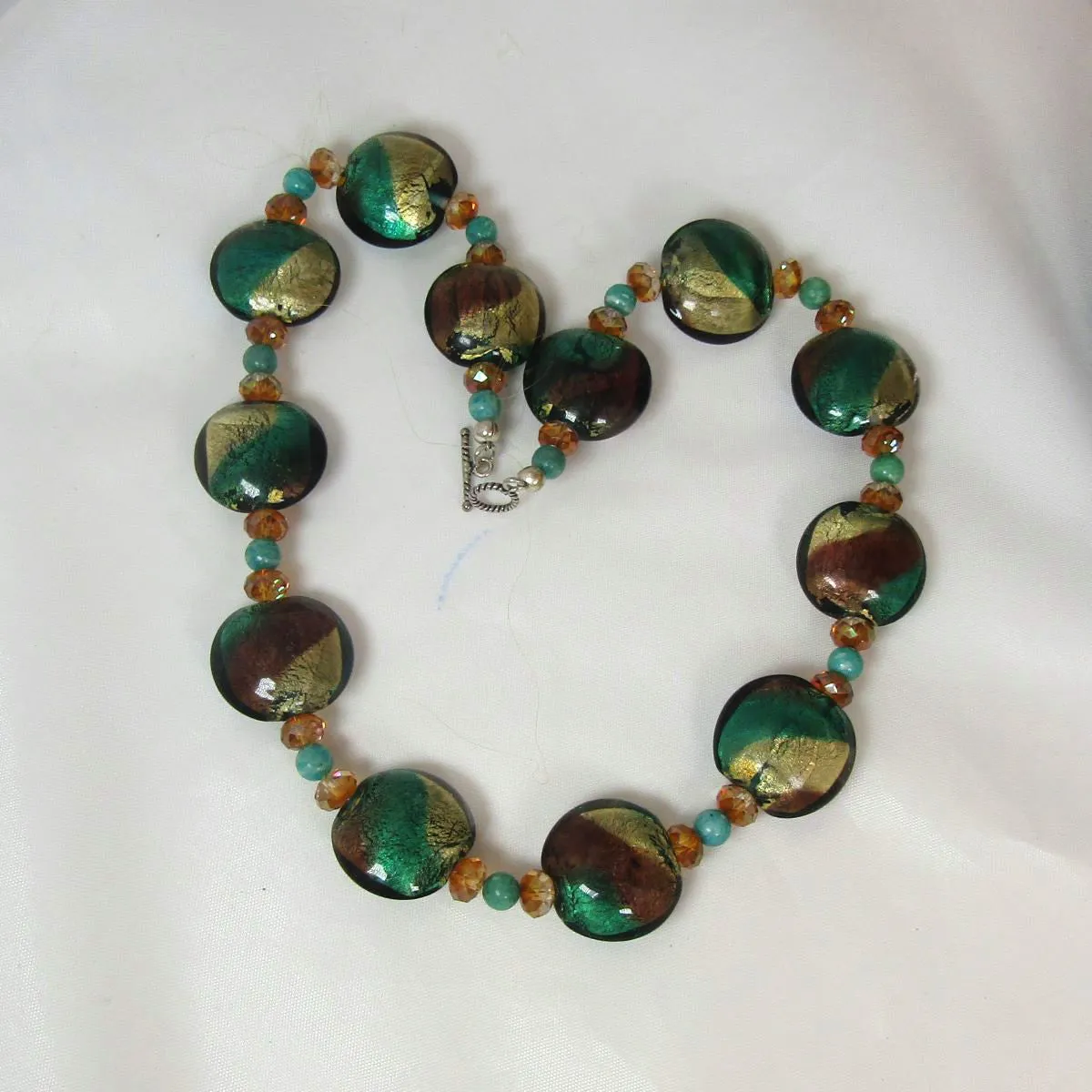 Emerald Green and Gold Lampwork Coin Necklace