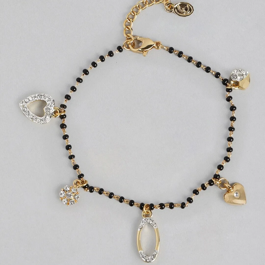 Estele Gold Plated Florat Heart Loop Shaped Black Beads Bracelet with Austrian Crystals for Women