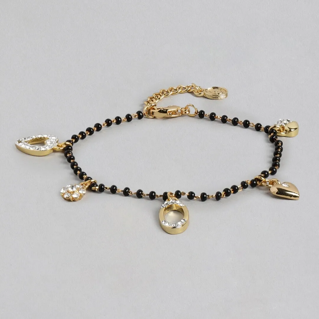 Estele Gold Plated Florat Heart Loop Shaped Black Beads Bracelet with Austrian Crystals for Women