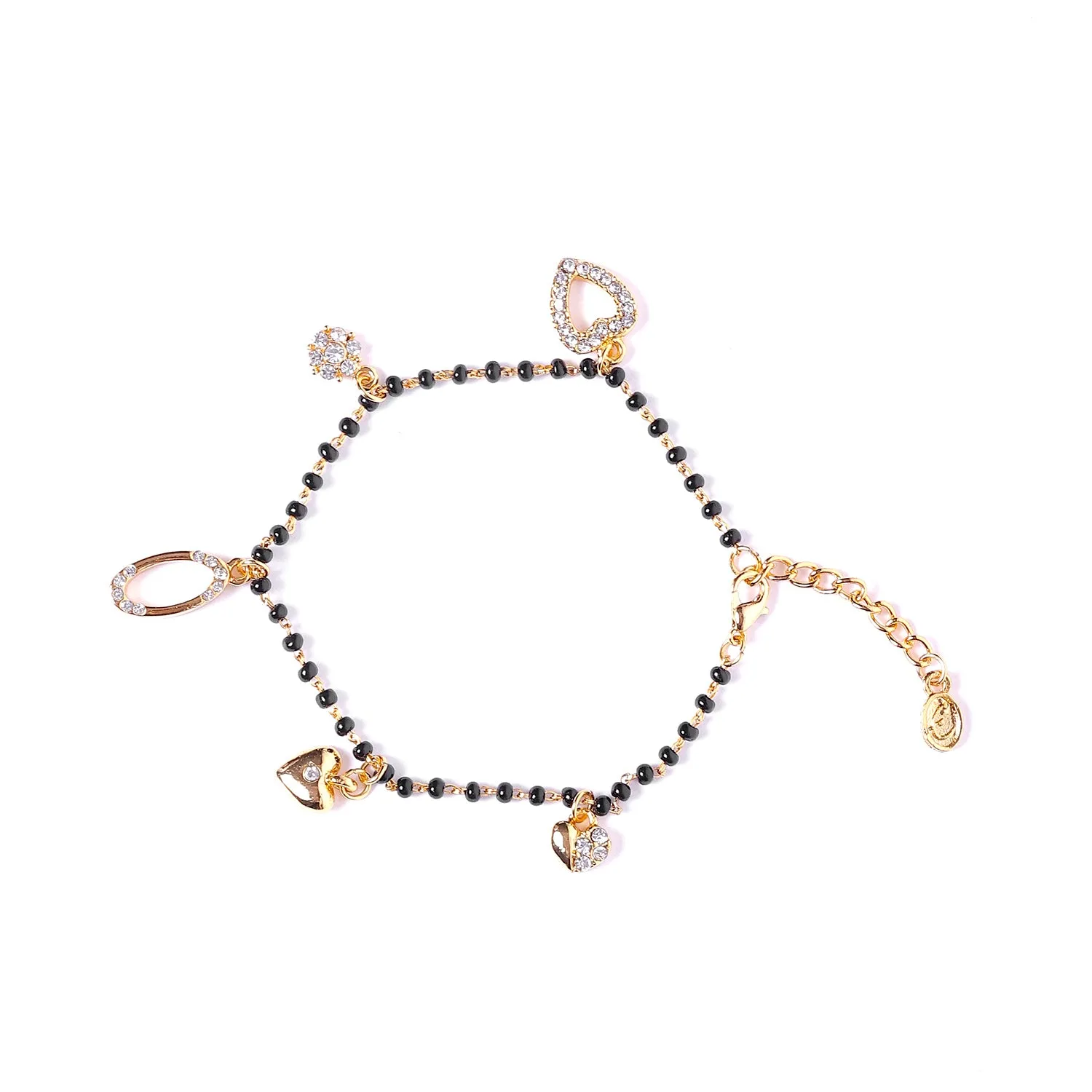 Estele Gold Plated Florat Heart Loop Shaped Black Beads Bracelet with Austrian Crystals for Women