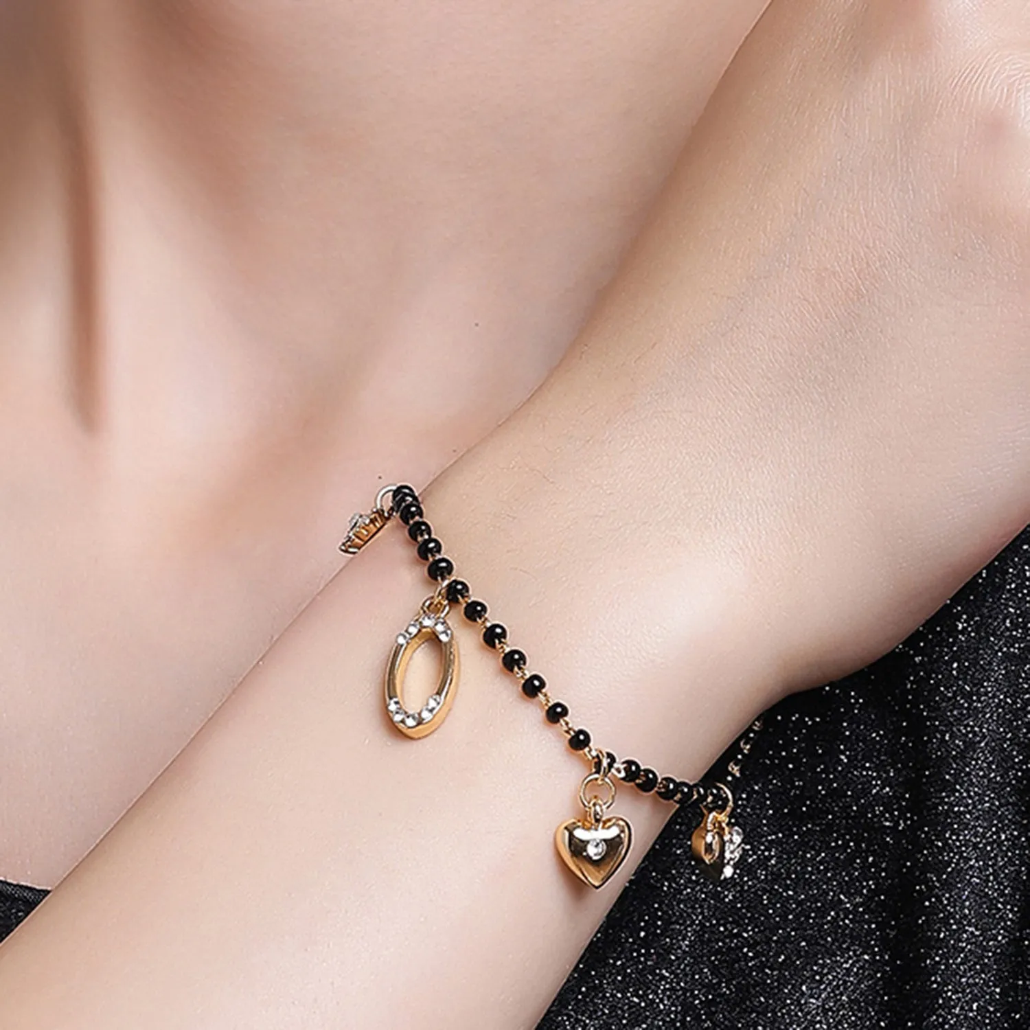 Estele Gold Plated Florat Heart Loop Shaped Black Beads Bracelet with Austrian Crystals for Women