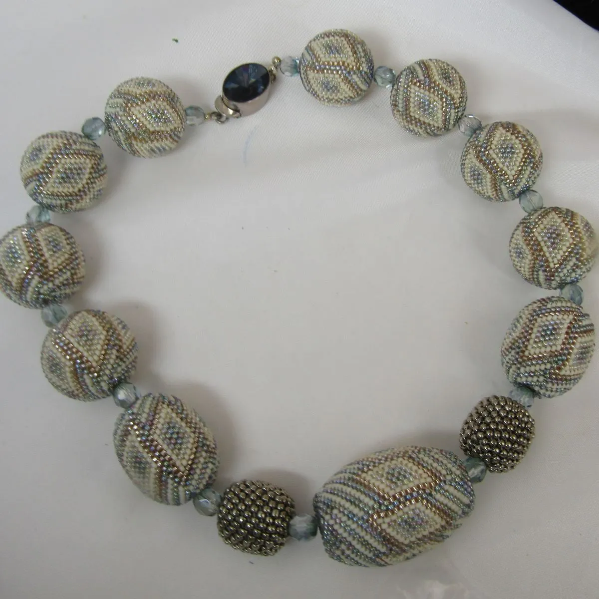 Exquisite Big Bold Chunky Bead Necklace in Cream Blue and Silver