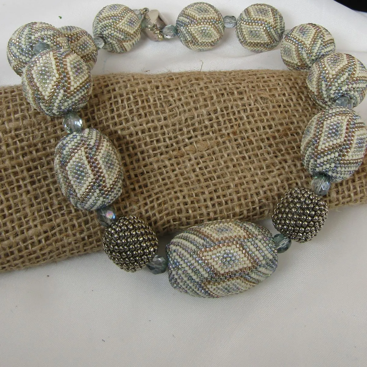 Exquisite Big Bold Chunky Bead Necklace in Cream Blue and Silver