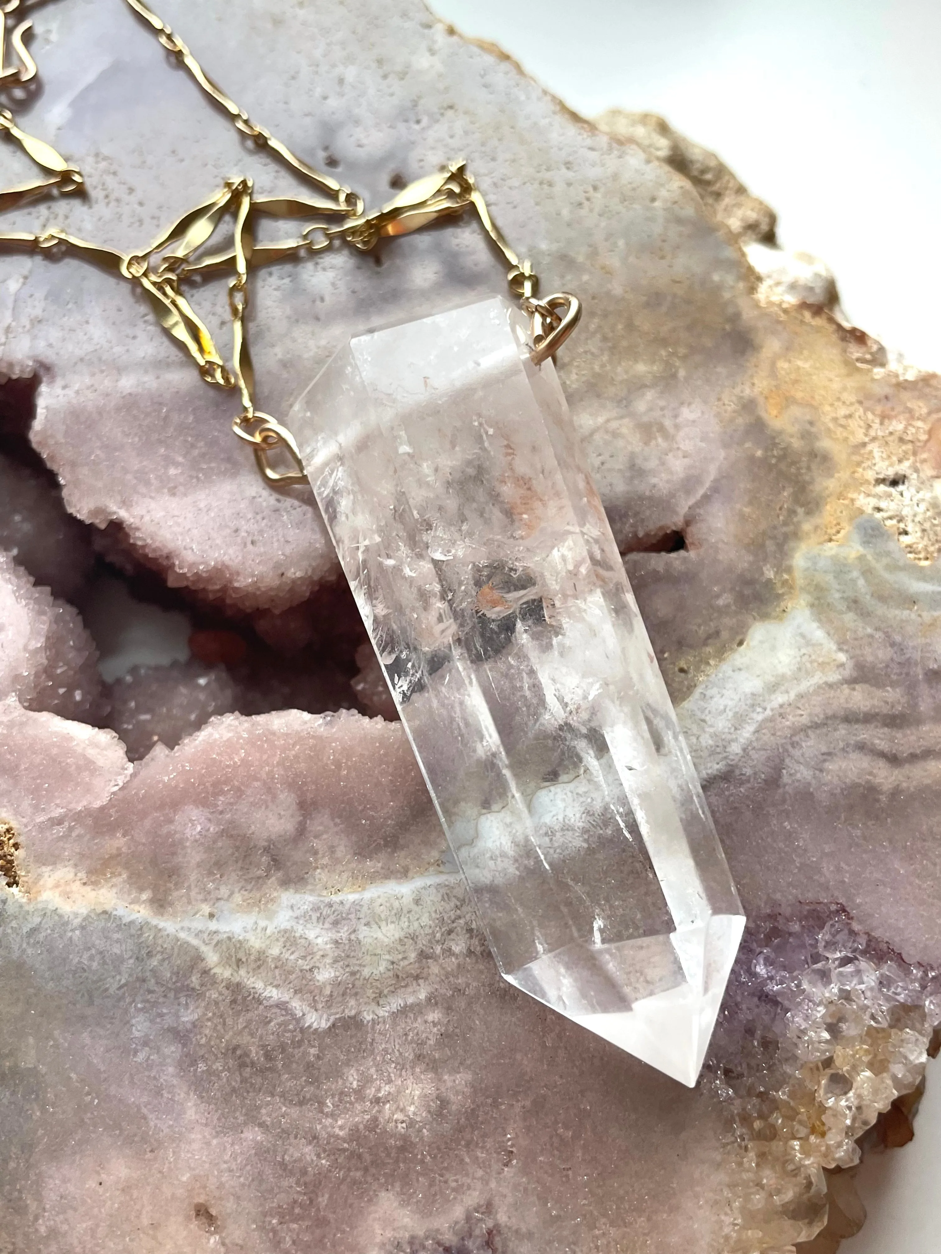 Extra large Chunky Clear Quartz Tower Necklace 14kt Gold filled