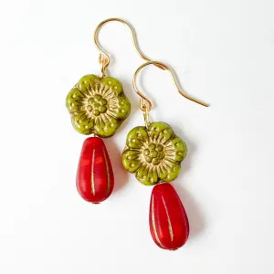 Festive Big Green & Red Flower Earrings for the Holidays - WS