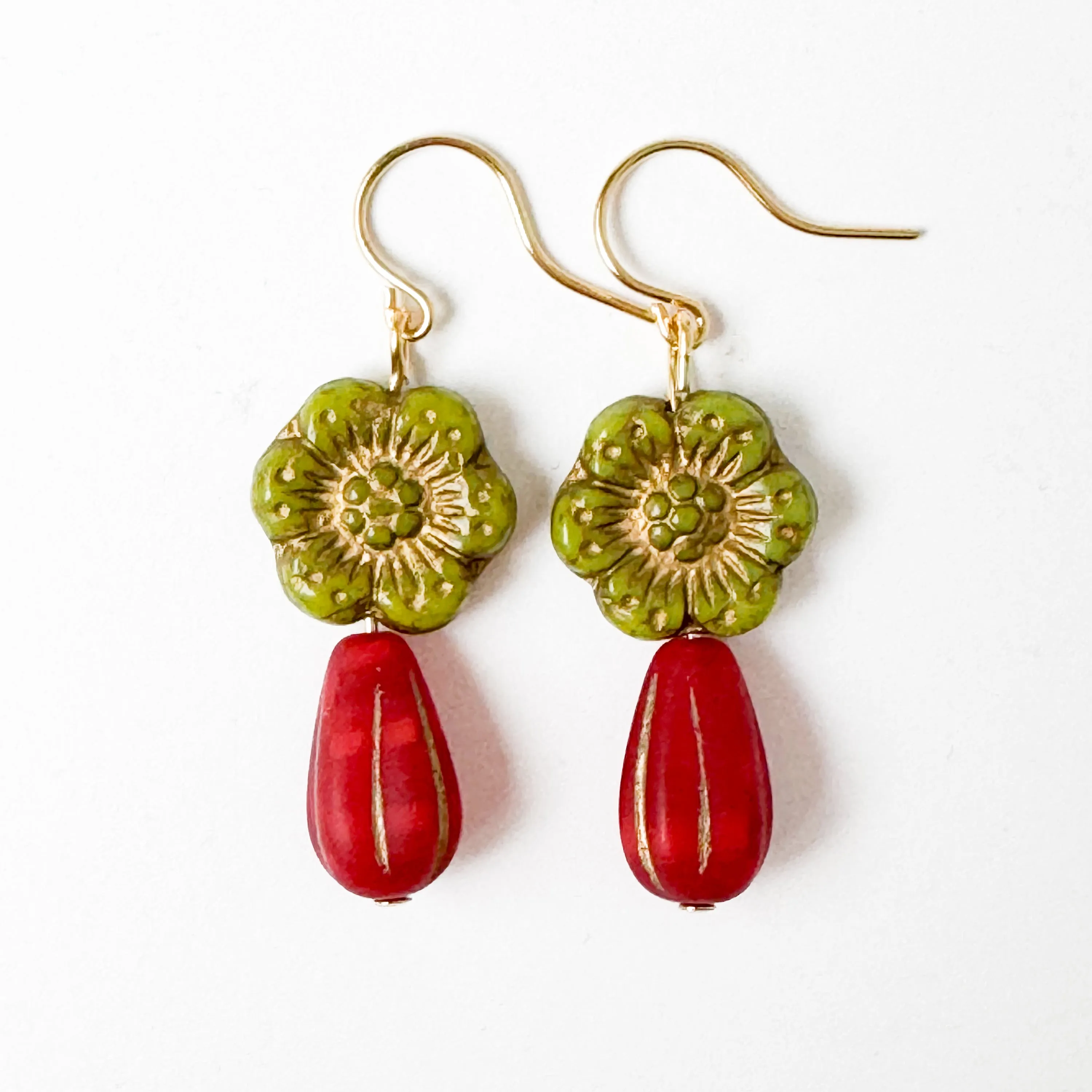 Festive Big Green & Red Flower Earrings for the Holidays - WS