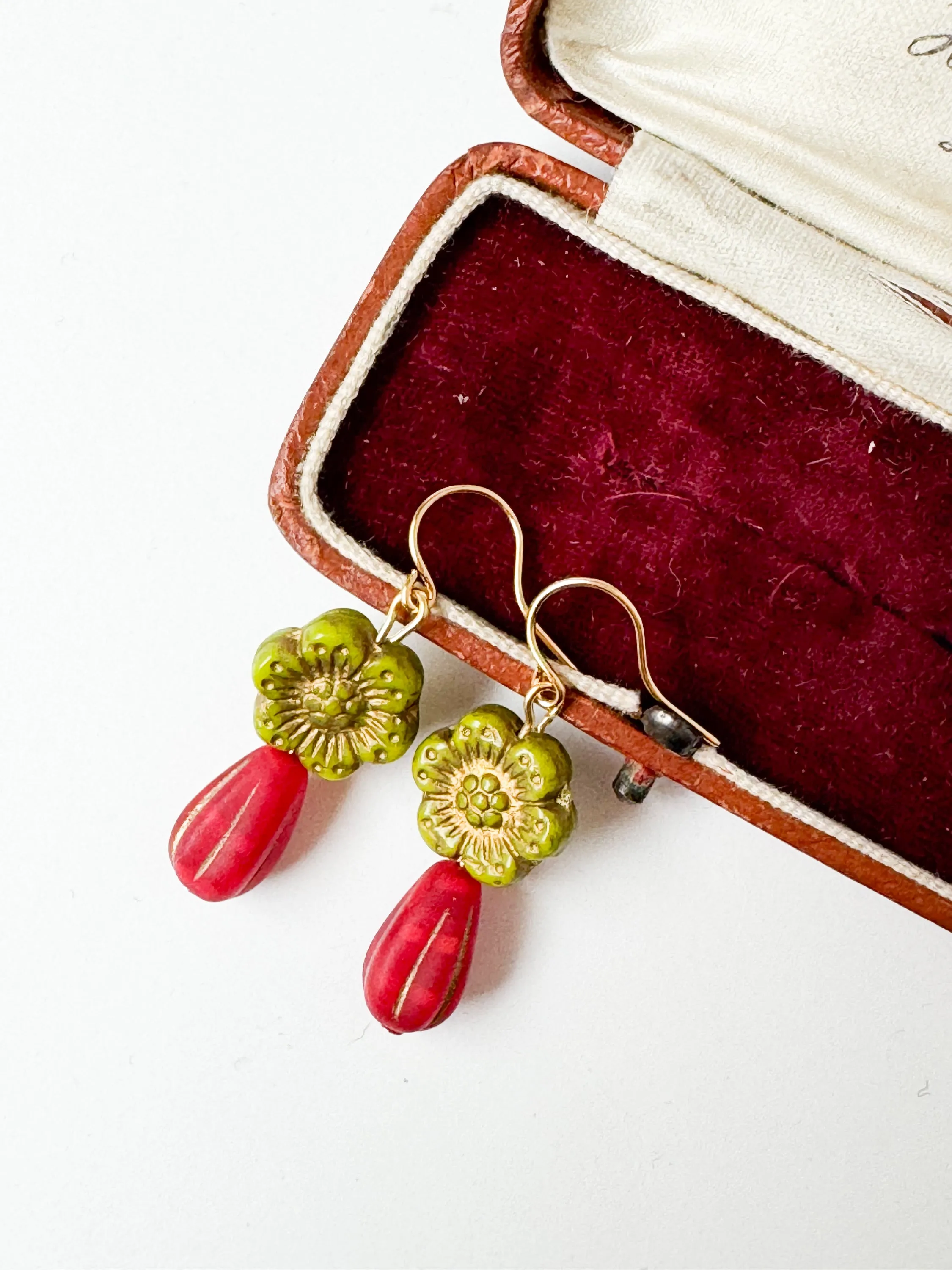 Festive Big Green & Red Flower Earrings for the Holidays - WS