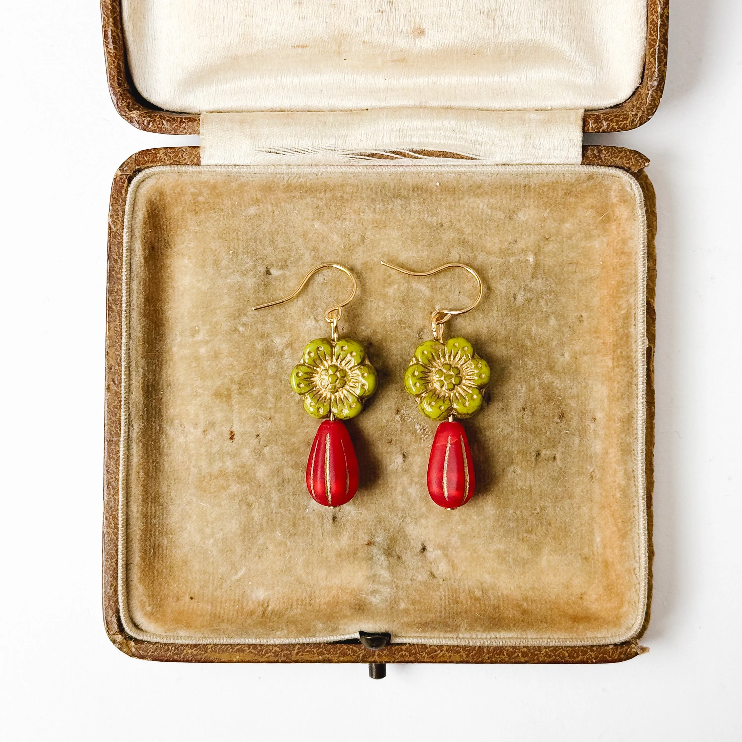 Festive Big Green & Red Flower Earrings for the Holidays - WS