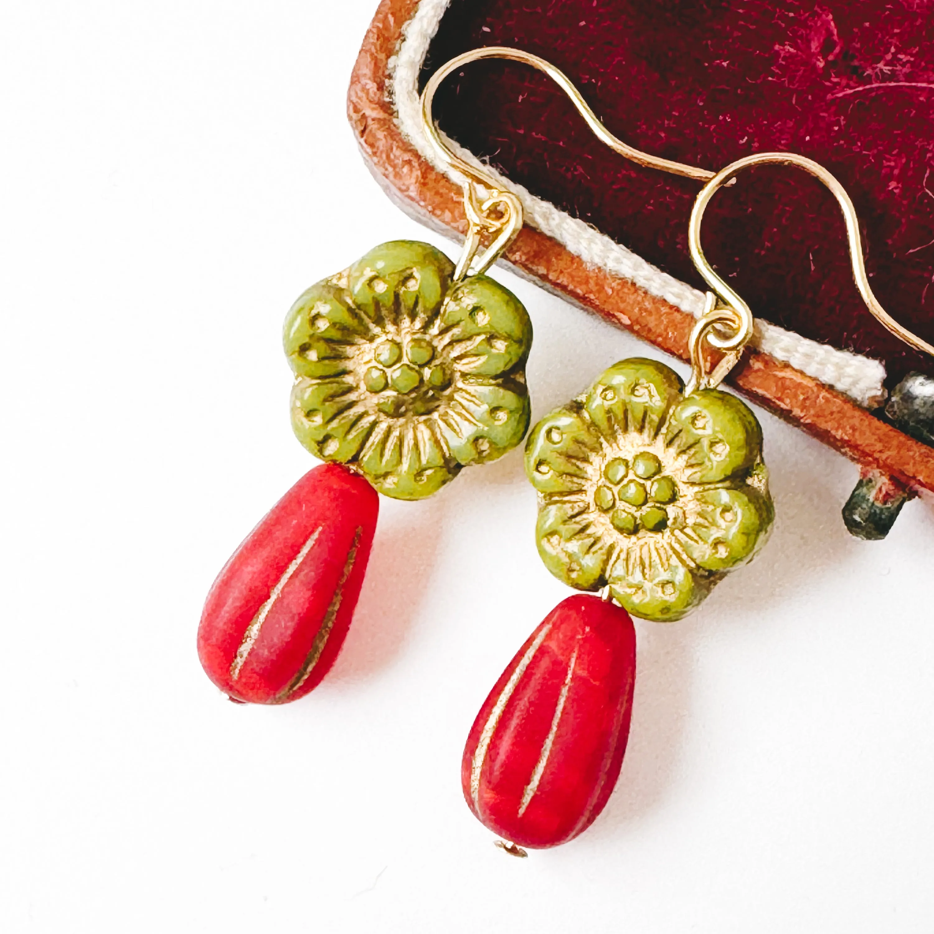 Festive Big Green & Red Flower Earrings for the Holidays - WS