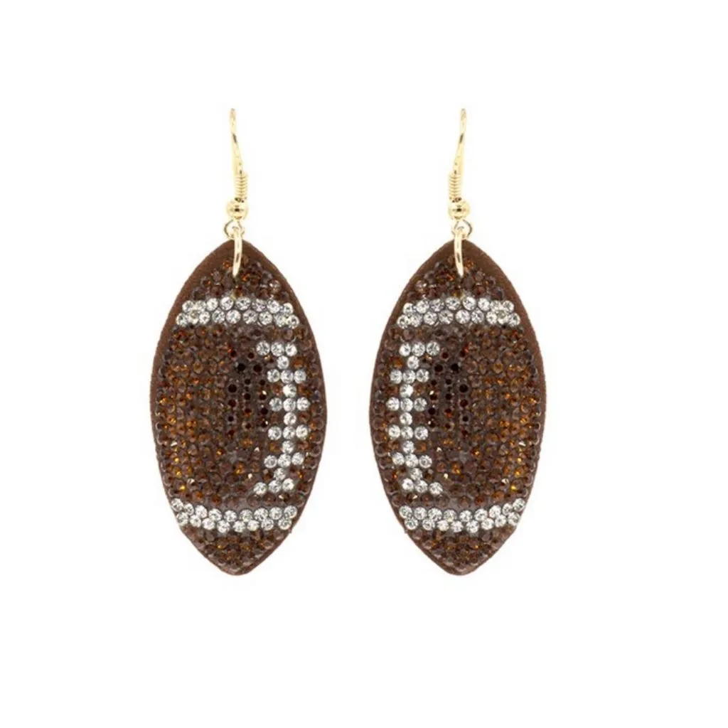 FOOTBALL EARRINGS: Brown Rhinestone Felt Puffy Earrings