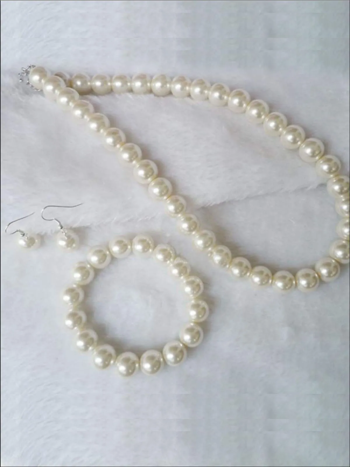 Girls Pearl Necklace, Earrings And Bracelet Set