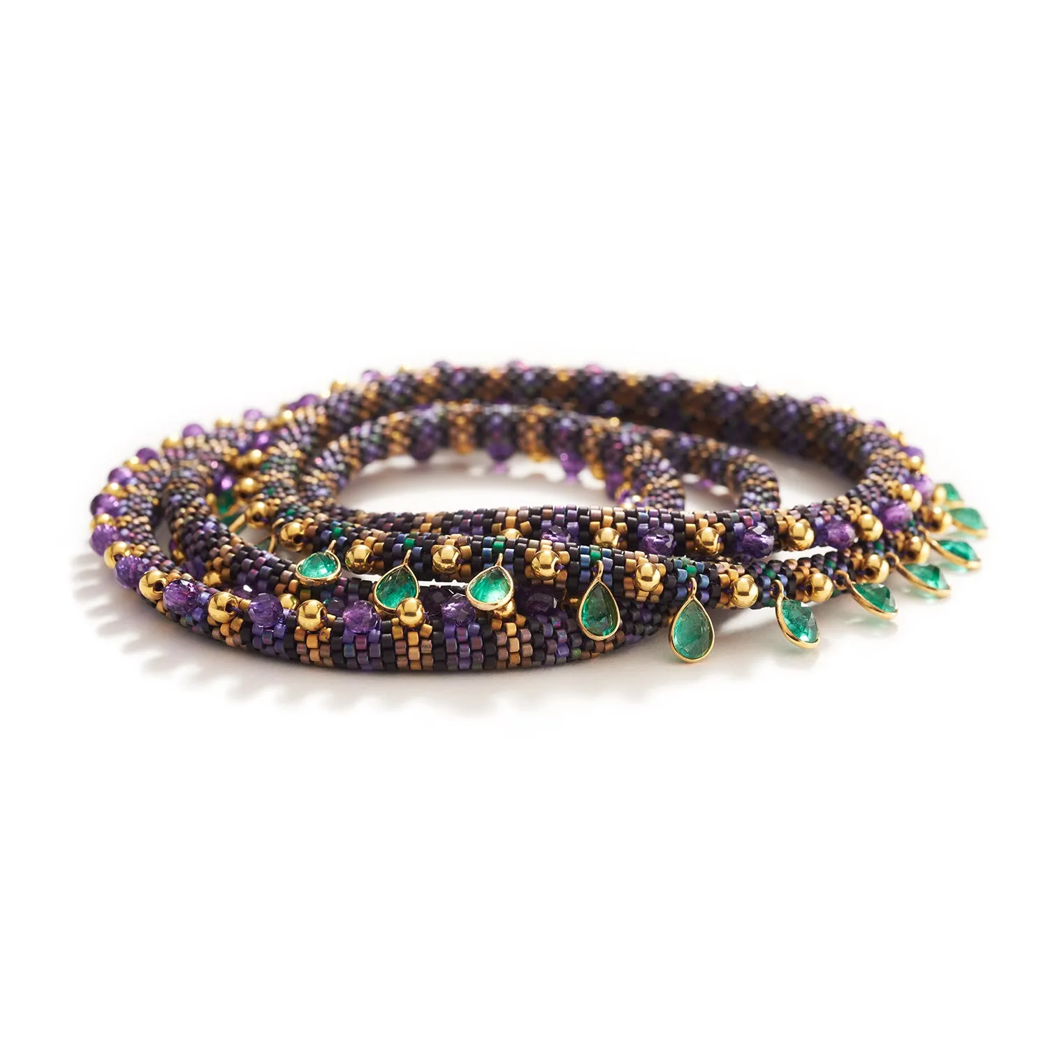 Gold, Amethyst, & Emerald Necklace in Lyda Pattern