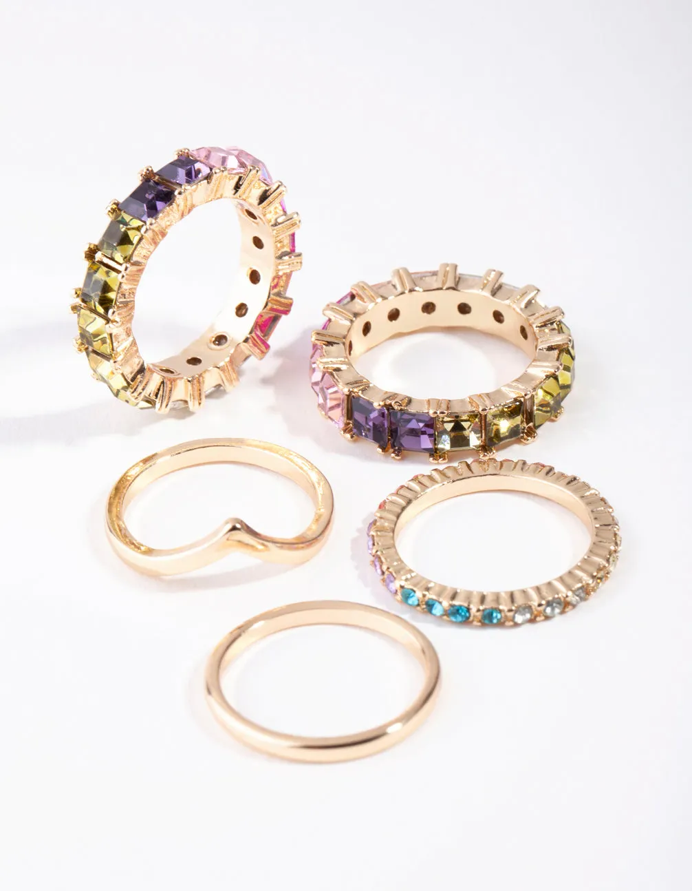 Gold Bright Diamante Stone 5-Pack Rings