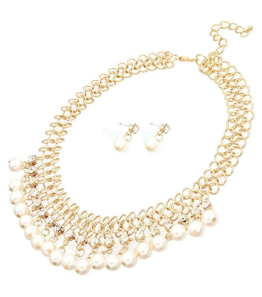 Gold Chain Pearl and Rhinestone Statement Necklace