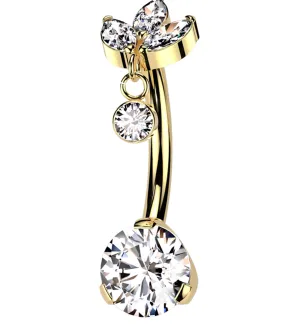 Gold PVD Triple Marquise Dangle Clear CZ Titanium Threadless Belly Button Ring