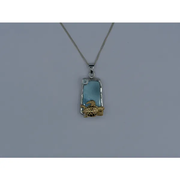 Golden Sea Turtle with Larimar and White Topaz Beach Pendant - Only One Piece Created