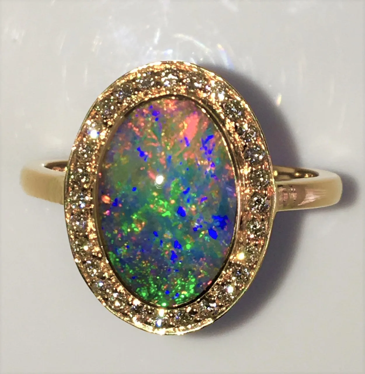 Green Multi Coloured solid  boulder opal from Quilpie , 18K Ring