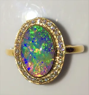 Green Multi Coloured solid  boulder opal from Quilpie , 18K Ring