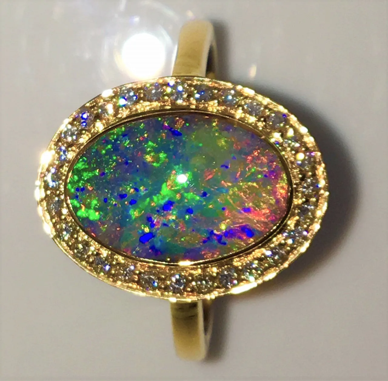 Green Multi Coloured solid  boulder opal from Quilpie , 18K Ring