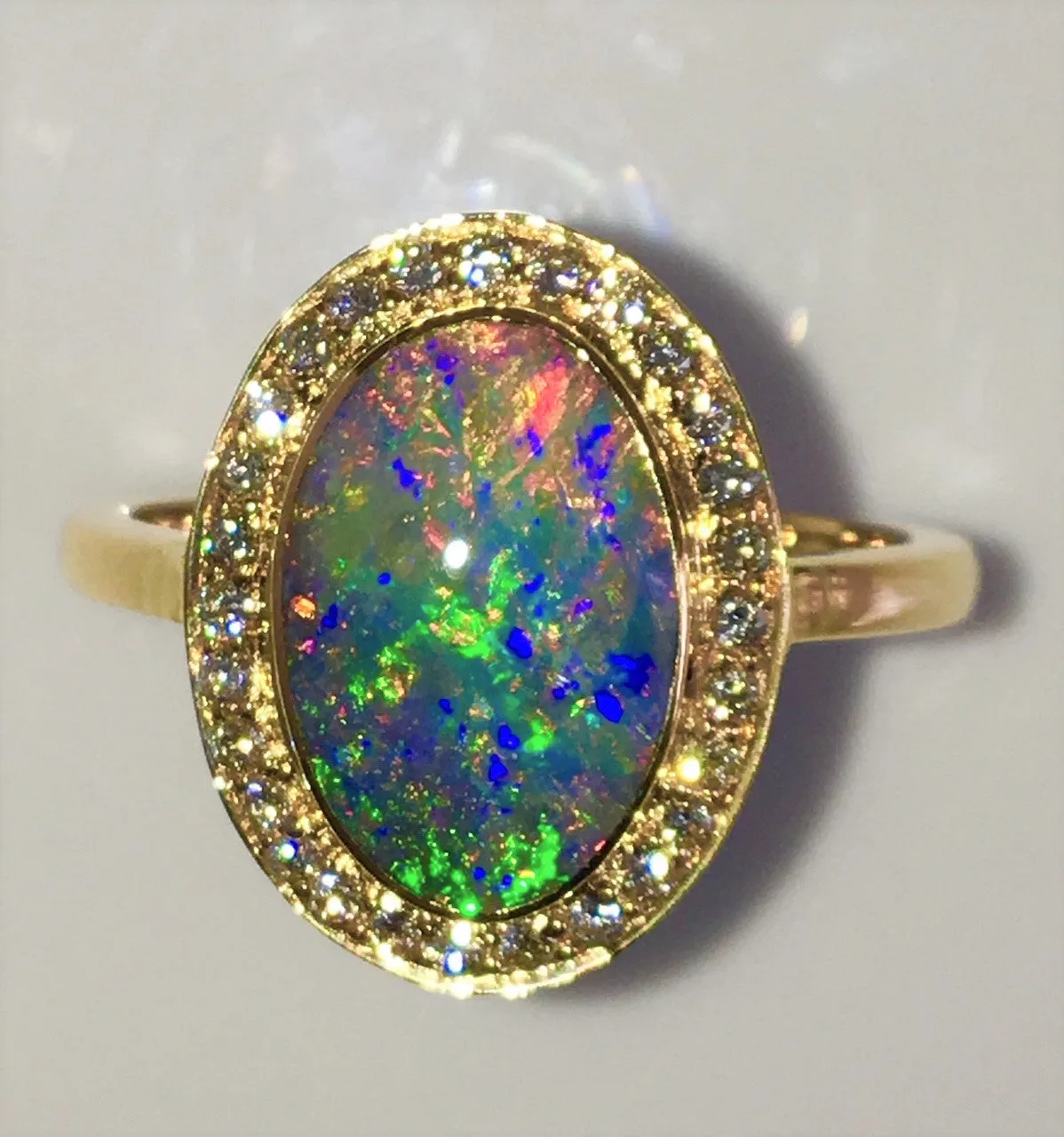 Green Multi Coloured solid  boulder opal from Quilpie , 18K Ring