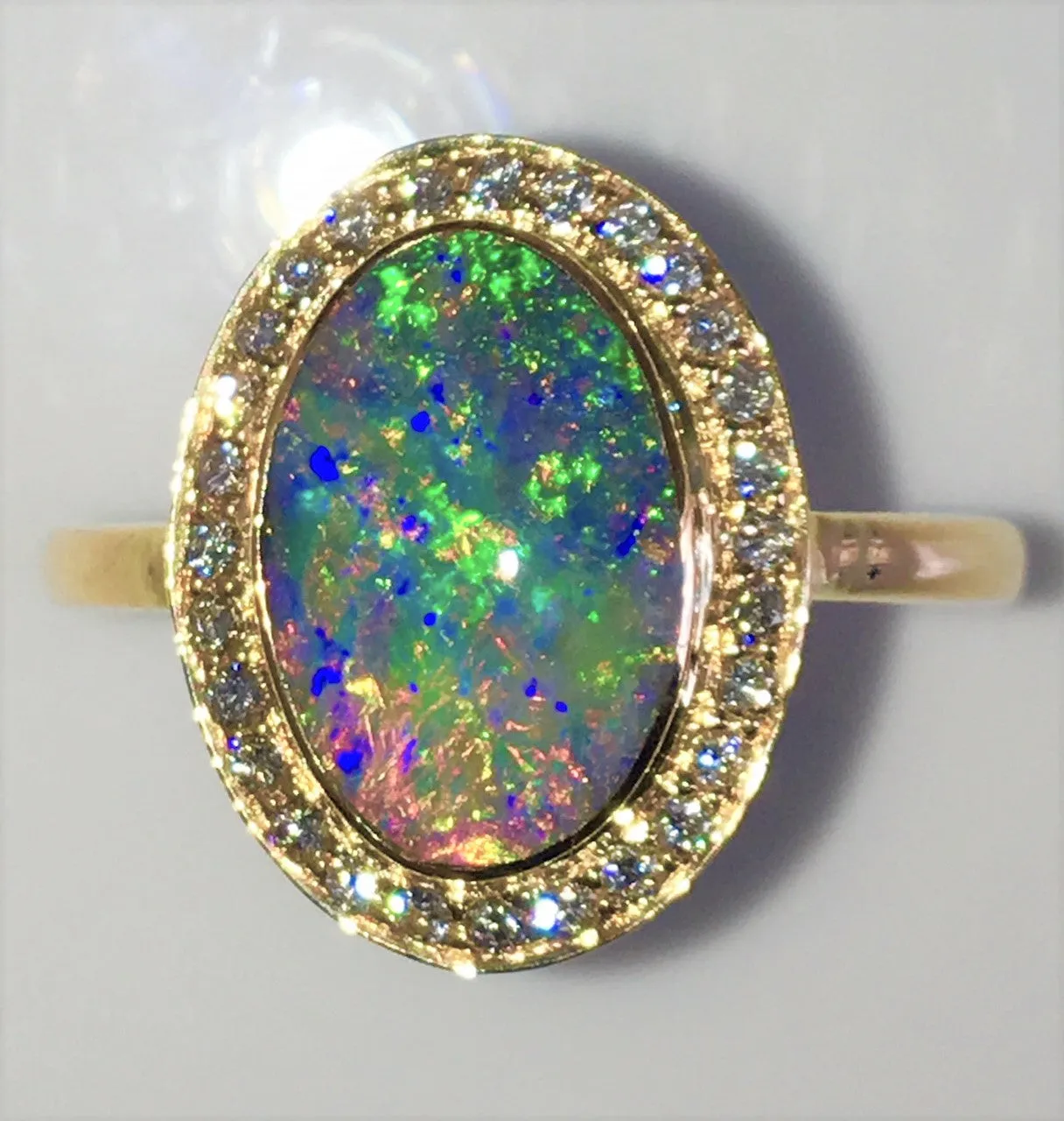 Green Multi Coloured solid  boulder opal from Quilpie , 18K Ring