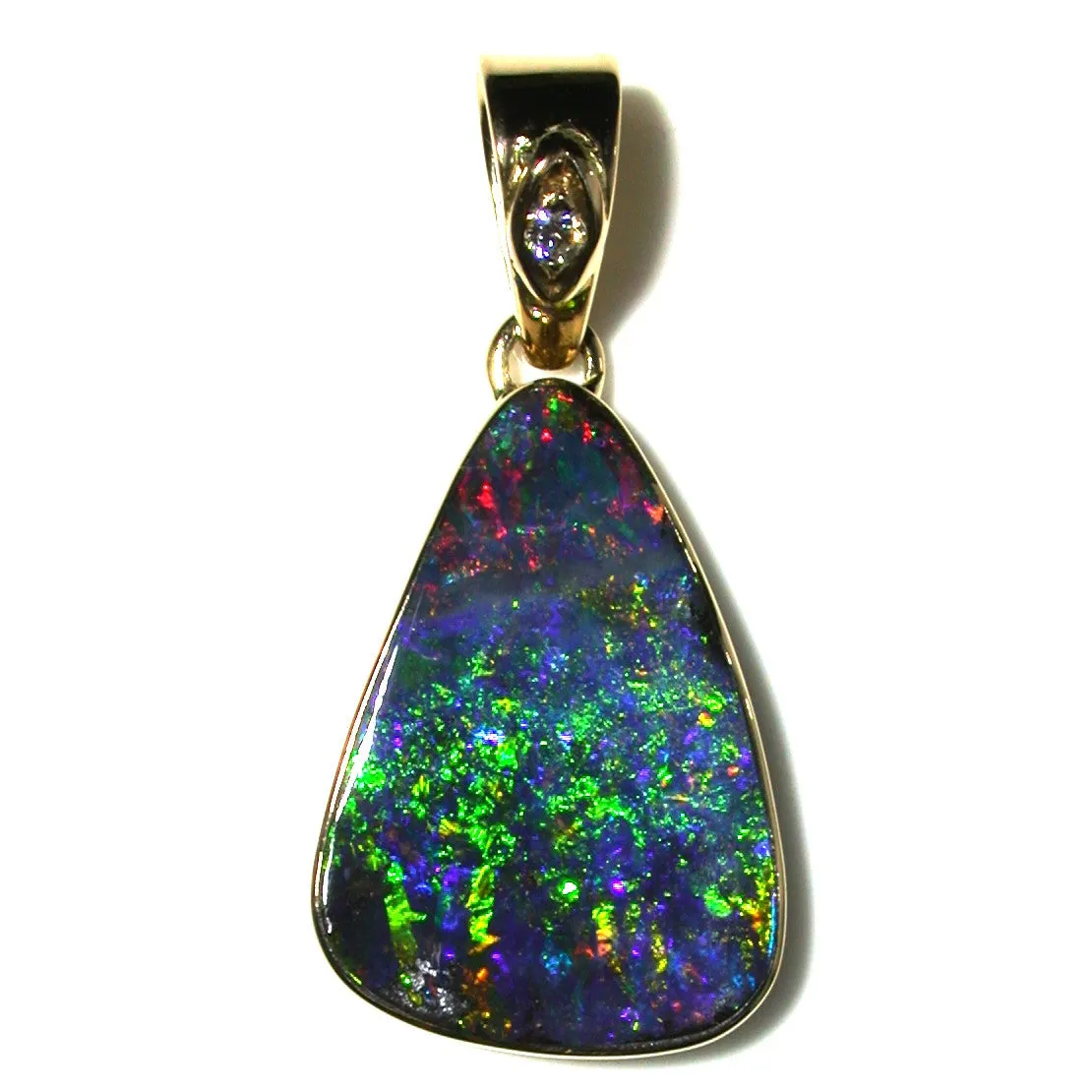 Green, red and blue solid boulder opal pendant