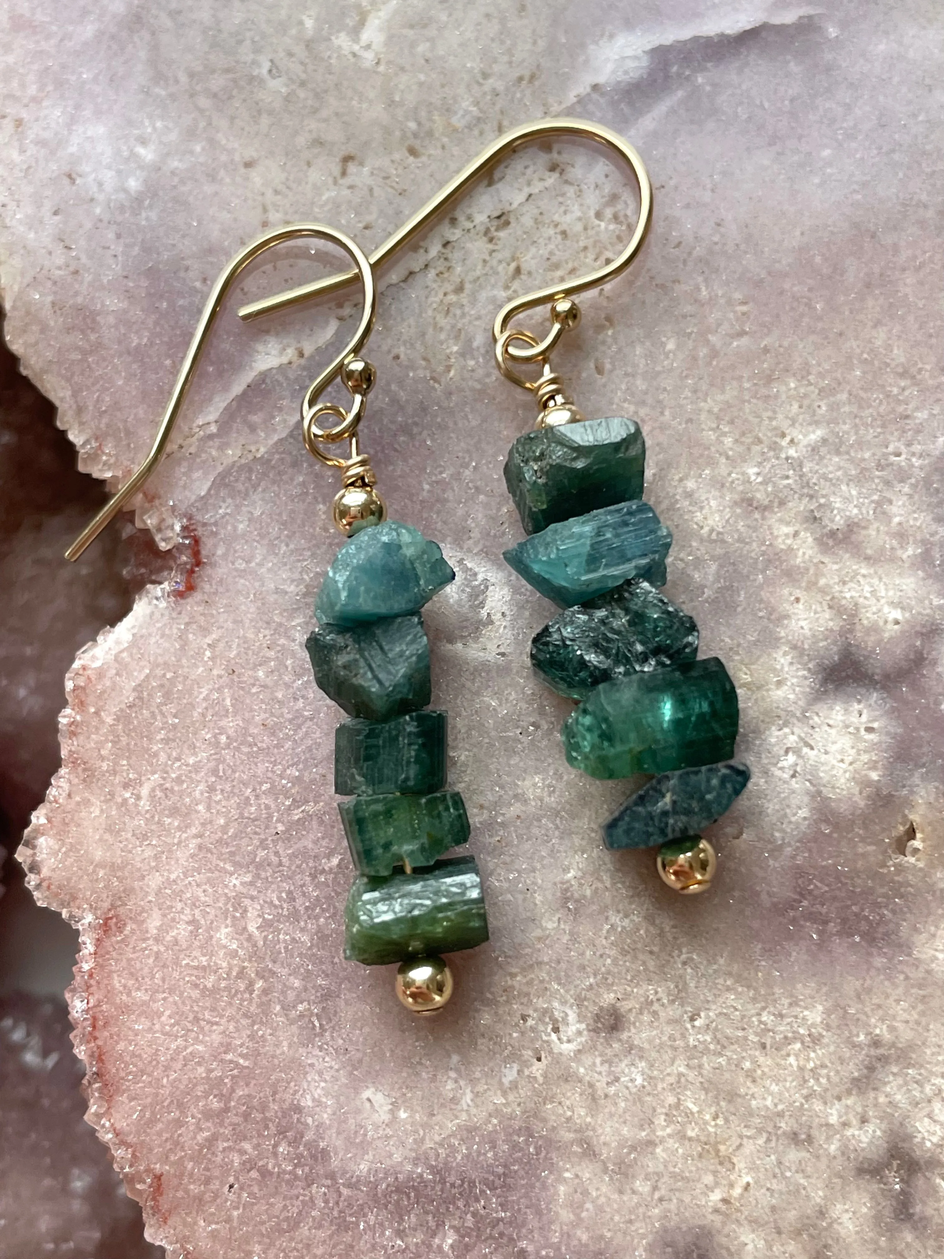 Green Tourmaline Earrings, Raw Crystal Earrings, Dangle Drop Gold Earrings, Gift For Women