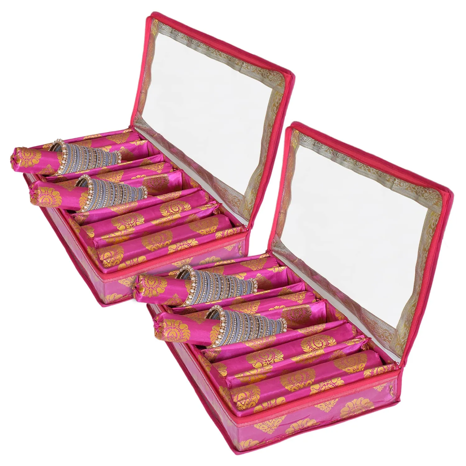 Heart Home Bareque Seamless Design Laminated 6 Rod Box, Organizer For Bangle, Watches, Bracelets, Jewellery With Tranasparent Top - Pack of 2 (Pink)-47HH0456