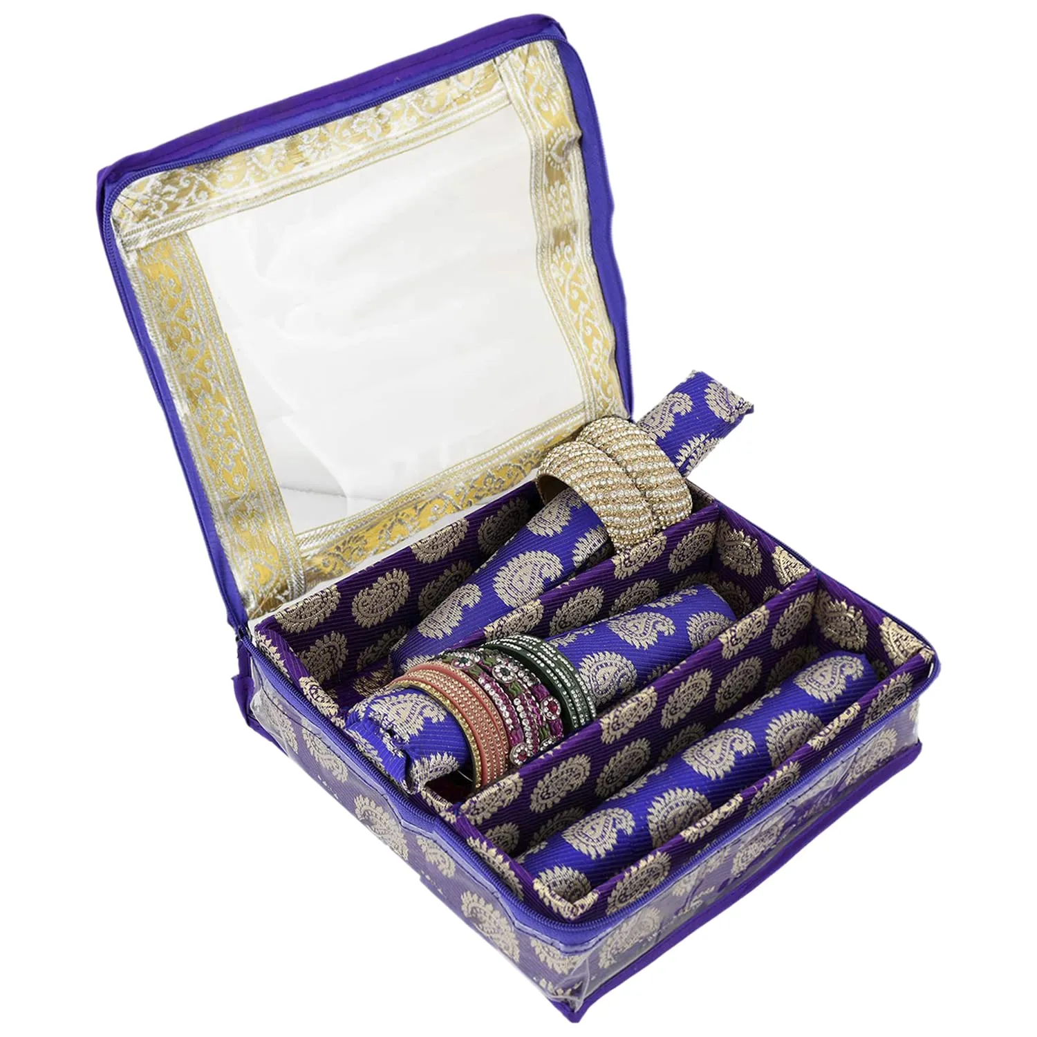 Heart Home Carry Design Laminated 3 Rod Box, Organizer For Bangle, Watches, Bracelets, Jewellery With Tranasparent Top (Purple)-47HH058