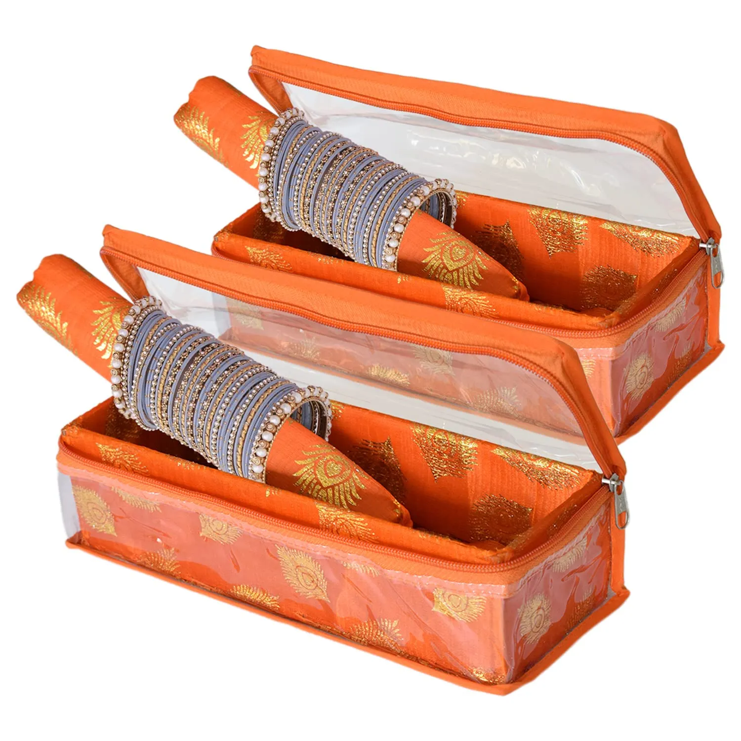 Heart Home Feather Design Laminated 1 Rod Box, Organizer For Bangle, Watches, Bracelets, Jewellery With Tranasparent Top - Pack of 2 (Orange)-47HH0148