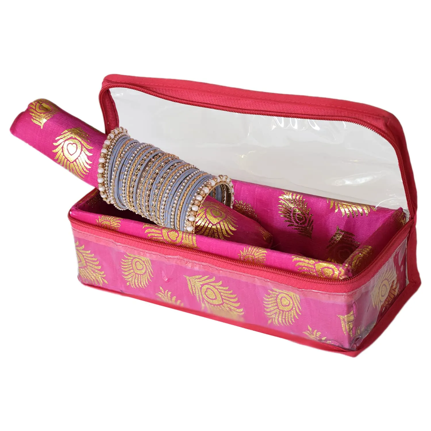 Heart Home Feather Design Laminated 1 Rod Box, Organizer For Bangle, Watches, Bracelets, Jewellery With Tranasparent Top - Pack of 2 (Pink)-47HH0220