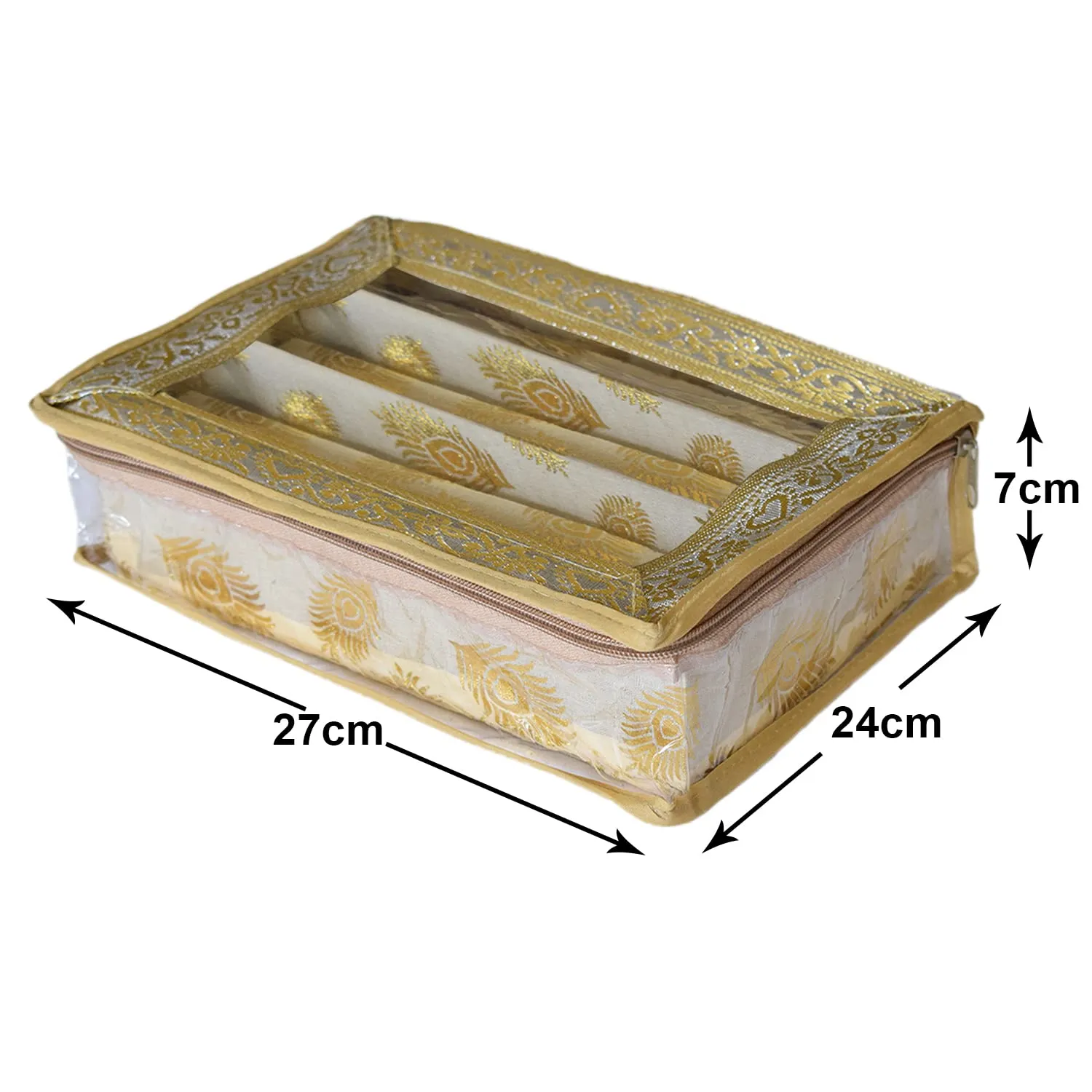 Heart Home Feather Design Laminated 3 Rod Box, Organizer For Bangle, Watches, Bracelets, Jewellery With Tranasparent Top (Gold)-47HH0178