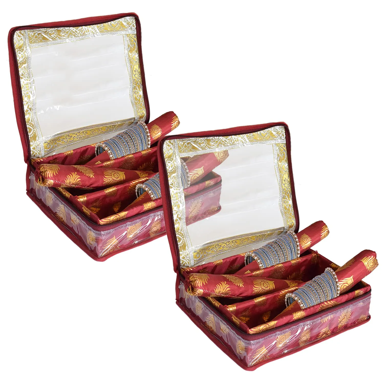 Heart Home Feather Design Laminated 3 Rod Box, Organizer For Bangle, Watches, Bracelets, Jewellery With Tranasparent Top - Pack of 2 (Maroon)-47HH0204