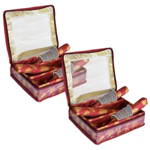 Heart Home Feather Design Laminated 3 Rod Box, Organizer For Bangle, Watches, Bracelets, Jewellery With Tranasparent Top - Pack of 2 (Maroon)-47HH0204