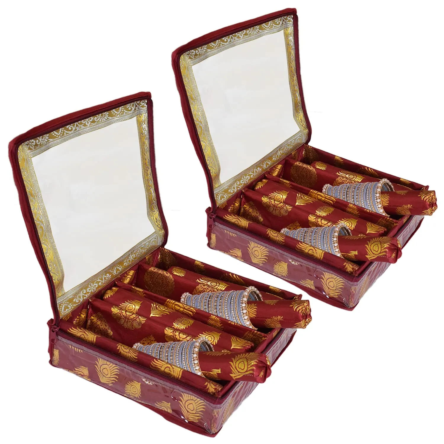 Heart Home Feather Design Laminated 4 Rod Box, Organizer For Bangle, Watches, Bracelets, Jewellery With Tranasparent Top - Pack of 2 (Maroon)-47HH0208