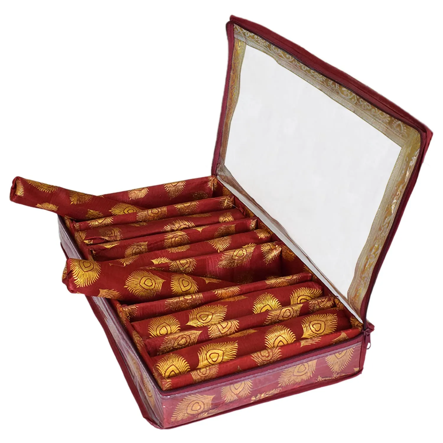 Heart Home Feather Design Laminated 6 Rod Box, Organizer For Bangle, Watches, Bracelets, Jewellery With Tranasparent Top (Maroon)-47HH0214