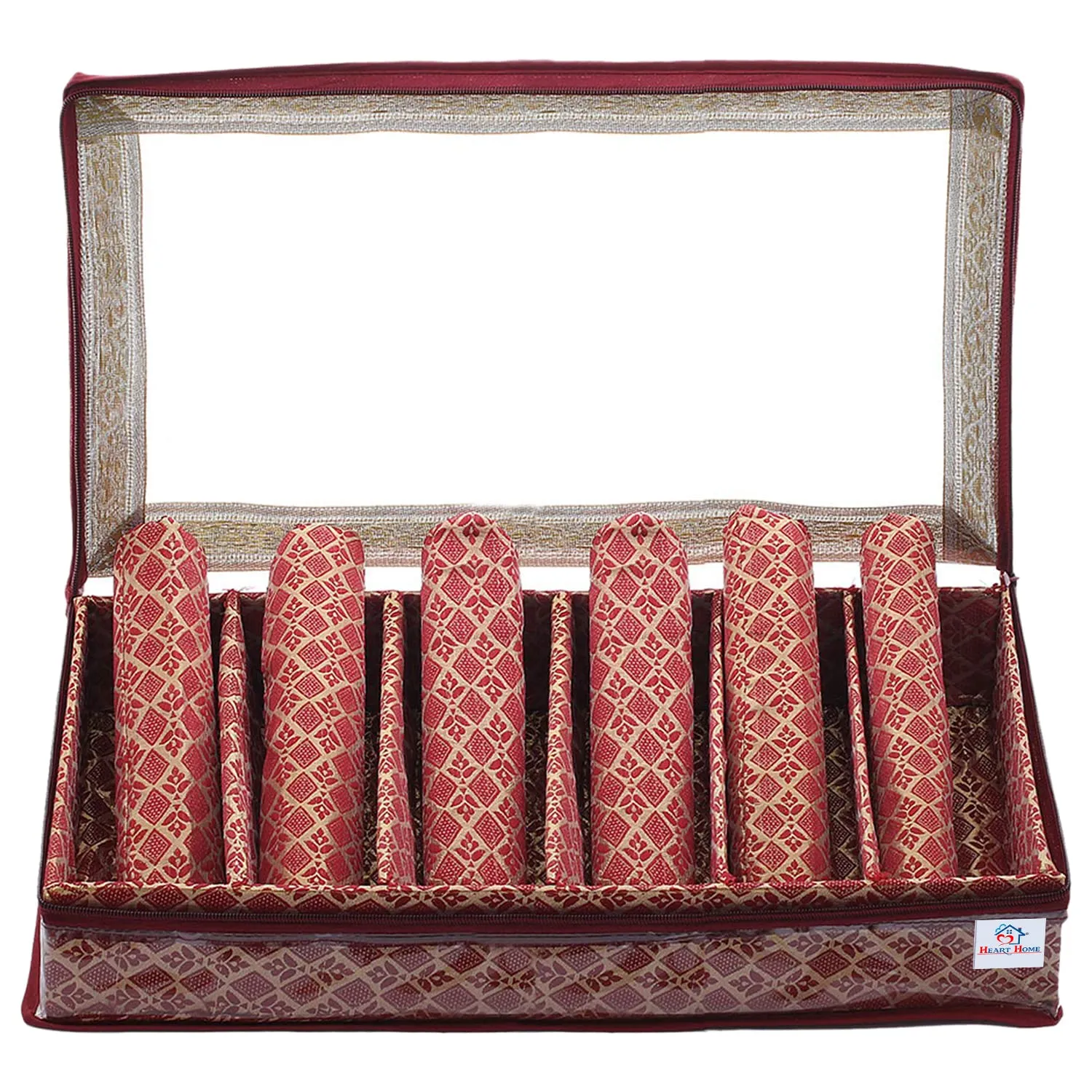 Heart Home Matka Pattern Laminated 6 Rod Box, Organizer For Bangle, Watches, Bracelets, Jewellery With Tranasparent Top (Maroon)-47HH0478