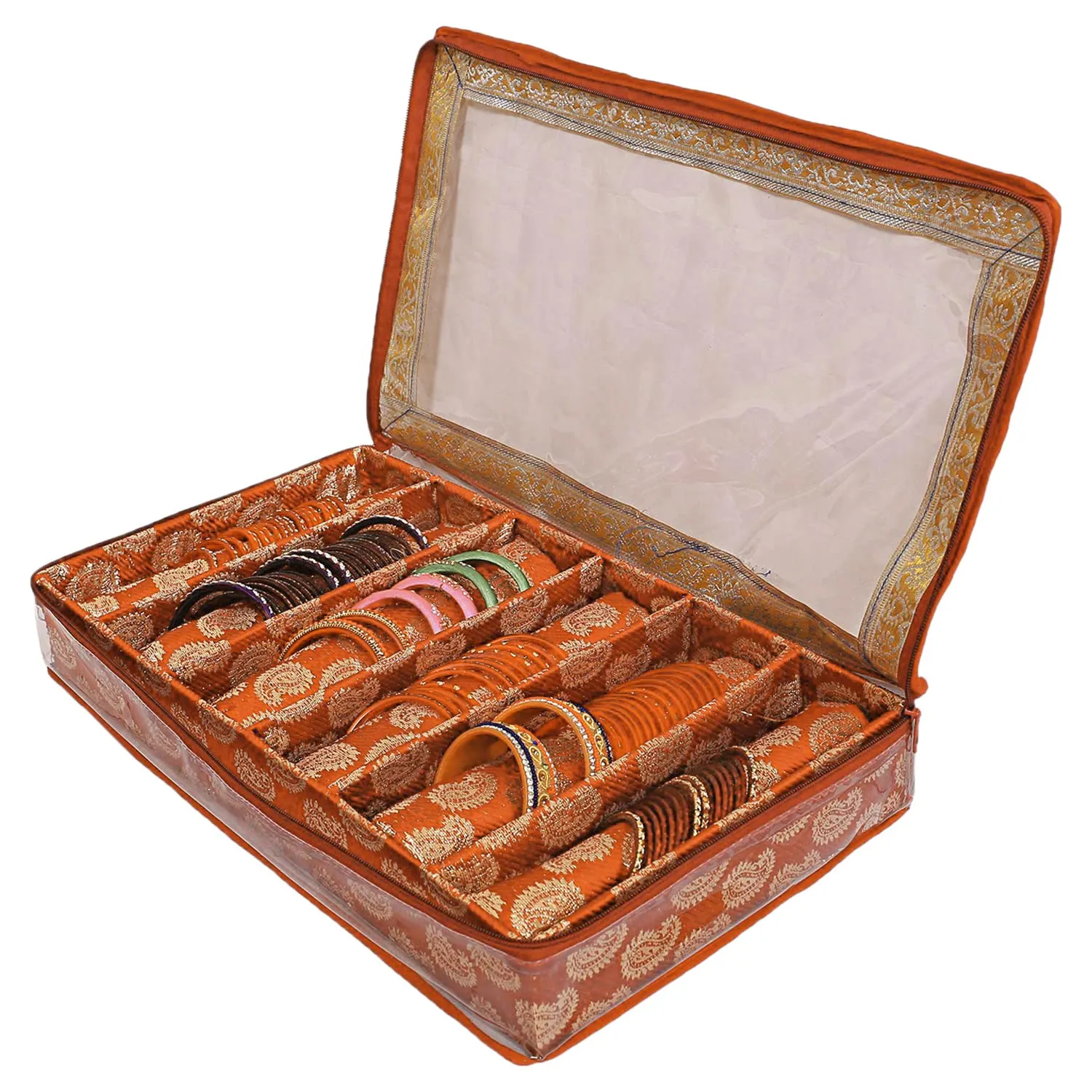 Heart Home Multipurpose Carry Design Laminated 6 Rod Bangle Box/Organizer/Case With Tranasparent Top (Orange)-47HH021