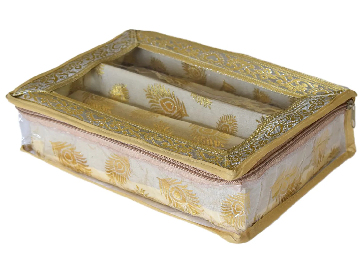 Heart Home Multipurpose Feather Design Laminated 2 Rod Bangle Box/Organizer/Case With Tranasparent Top (Gold)-47HH0173