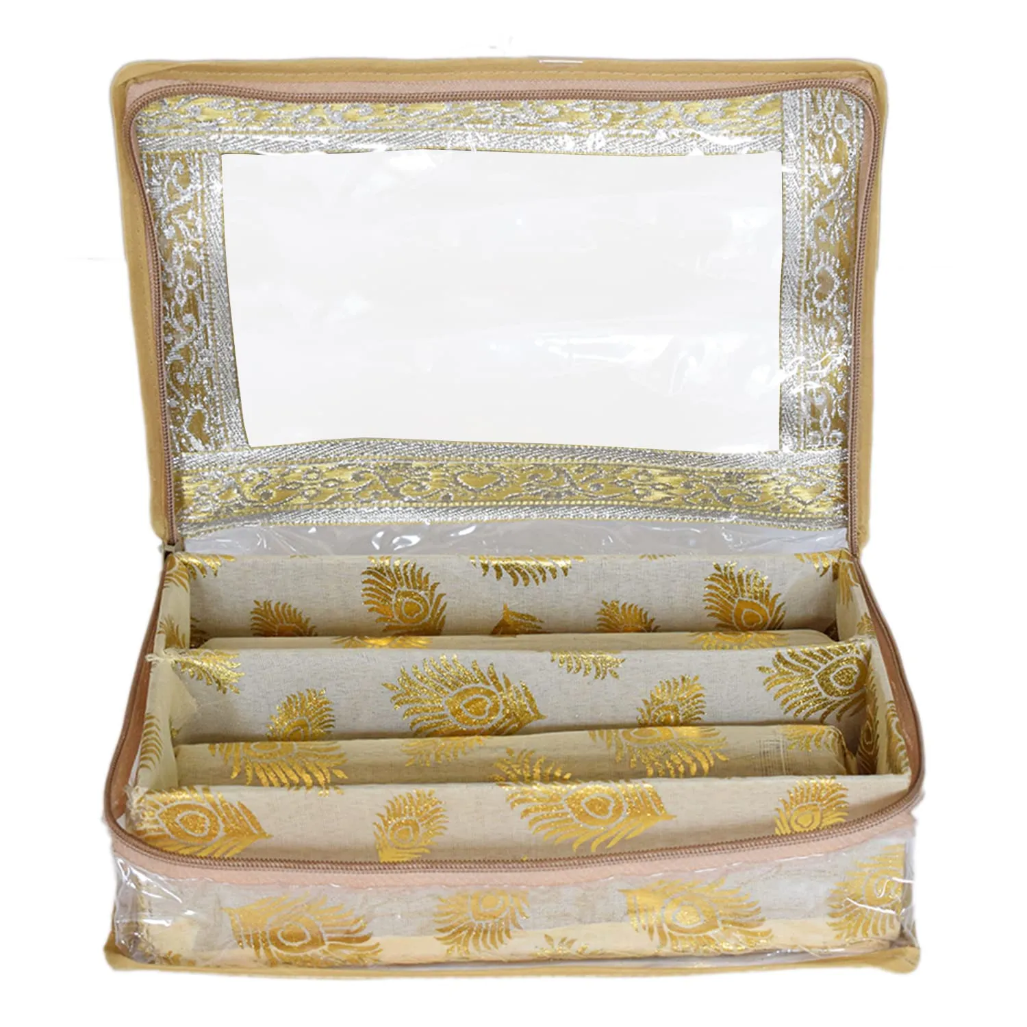 Heart Home Multipurpose Feather Design Laminated 2 Rod Bangle Box/Organizer/Case With Tranasparent Top (Gold)-47HH0173