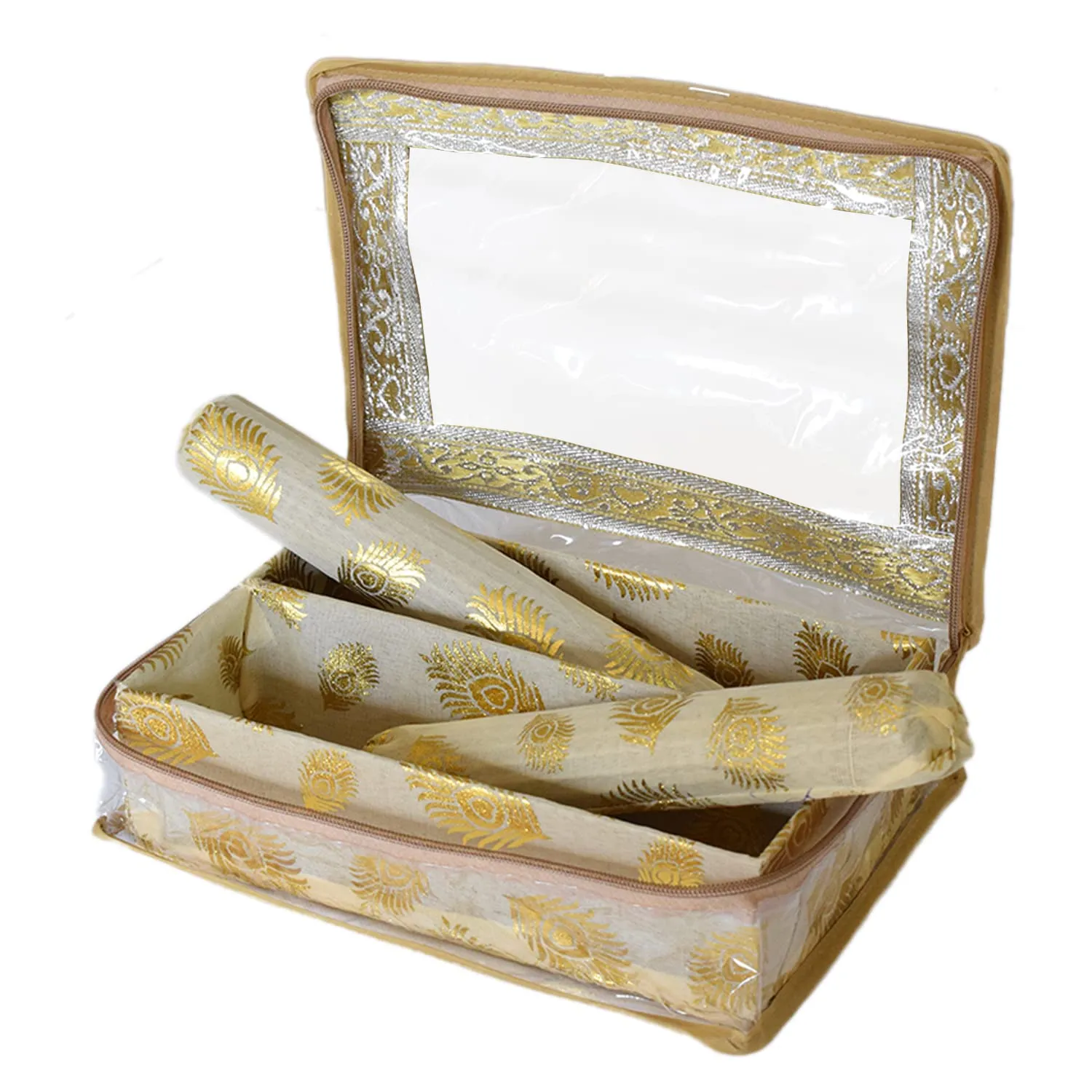 Heart Home Multipurpose Feather Design Laminated 2 Rod Bangle Box/Organizer/Case With Tranasparent Top (Gold)-47HH0173