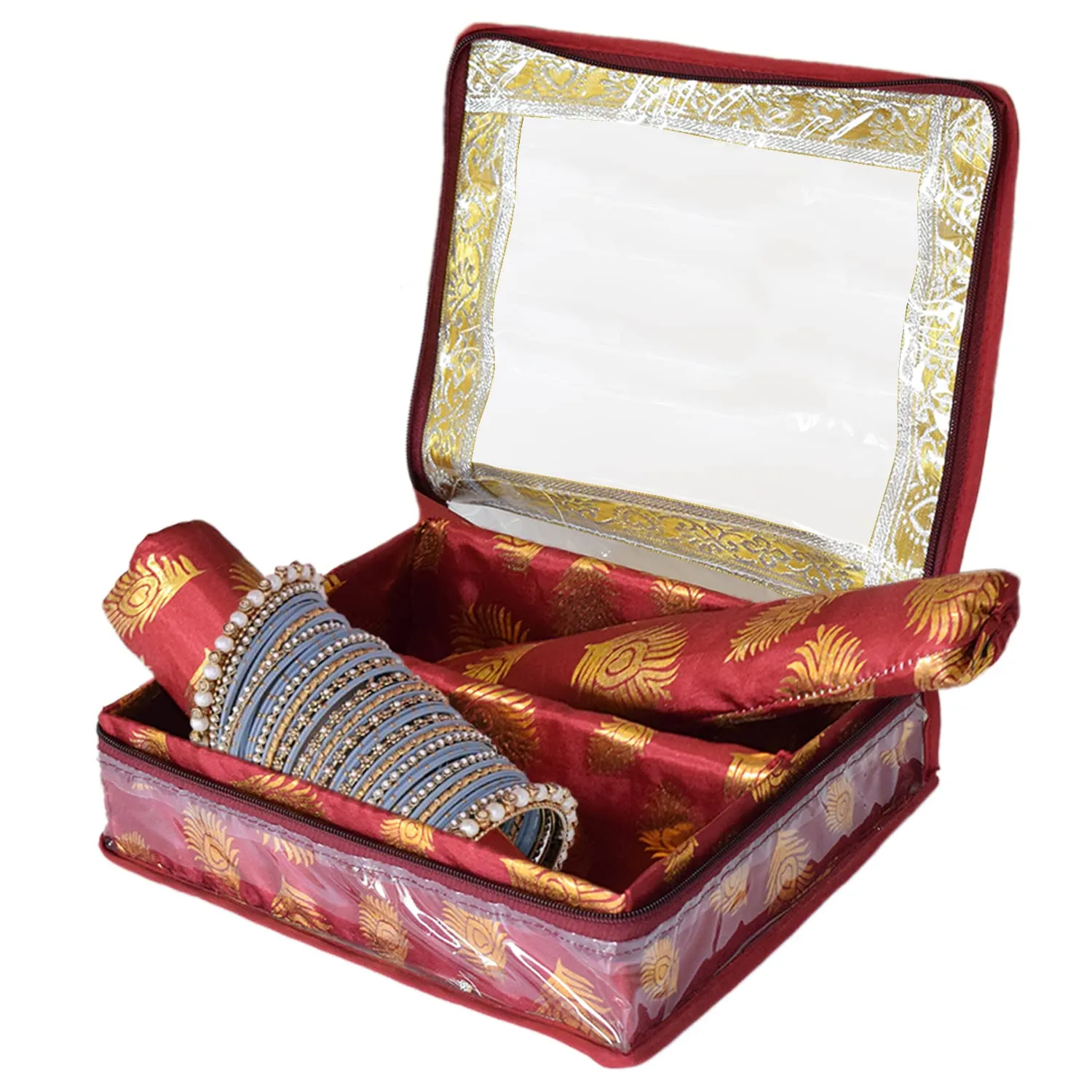 Heart Home Multipurpose Feather Design Laminated 2 Rod Bangle Box/Organizer/Case With Tranasparent Top (Maroon)-47HH0197