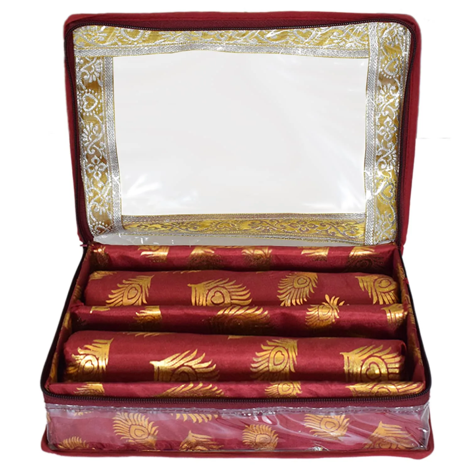 Heart Home Multipurpose Feather Design Laminated 2 Rod Bangle Box/Organizer/Case With Tranasparent Top (Maroon)-47HH0197