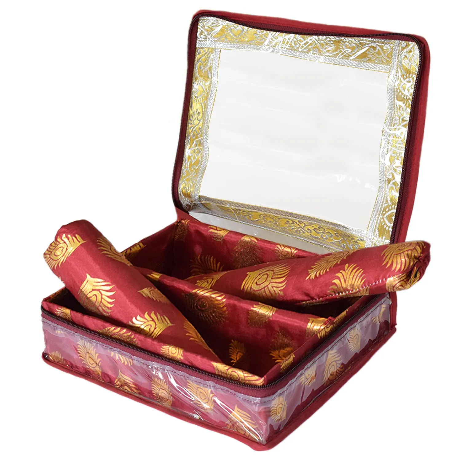 Heart Home Multipurpose Feather Design Laminated 2 Rod Bangle Box/Organizer/Case With Tranasparent Top (Maroon)-47HH0197