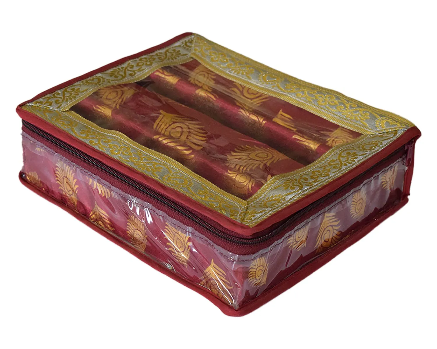 Heart Home Multipurpose Feather Design Laminated 2 Rod Bangle Box/Organizer/Case With Tranasparent Top (Maroon)-47HH0197