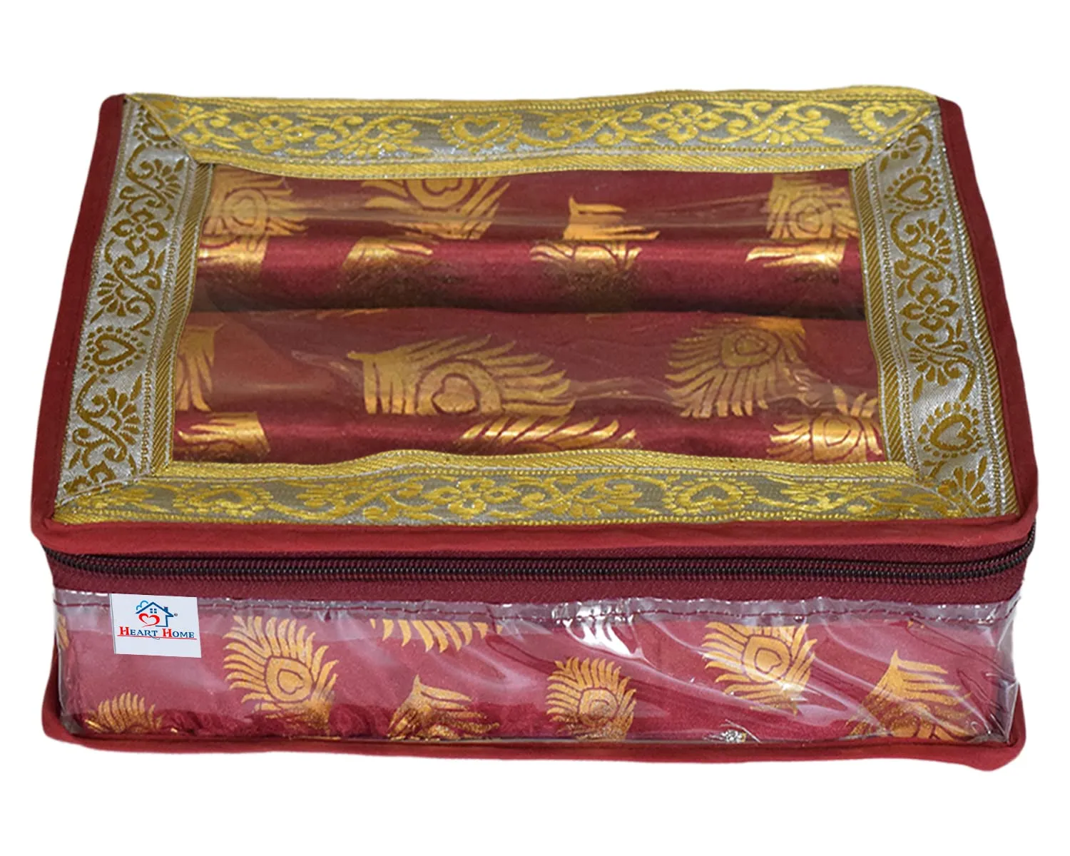 Heart Home Multipurpose Feather Design Laminated 2 Rod Bangle Box/Organizer/Case With Tranasparent Top (Maroon)-47HH0197